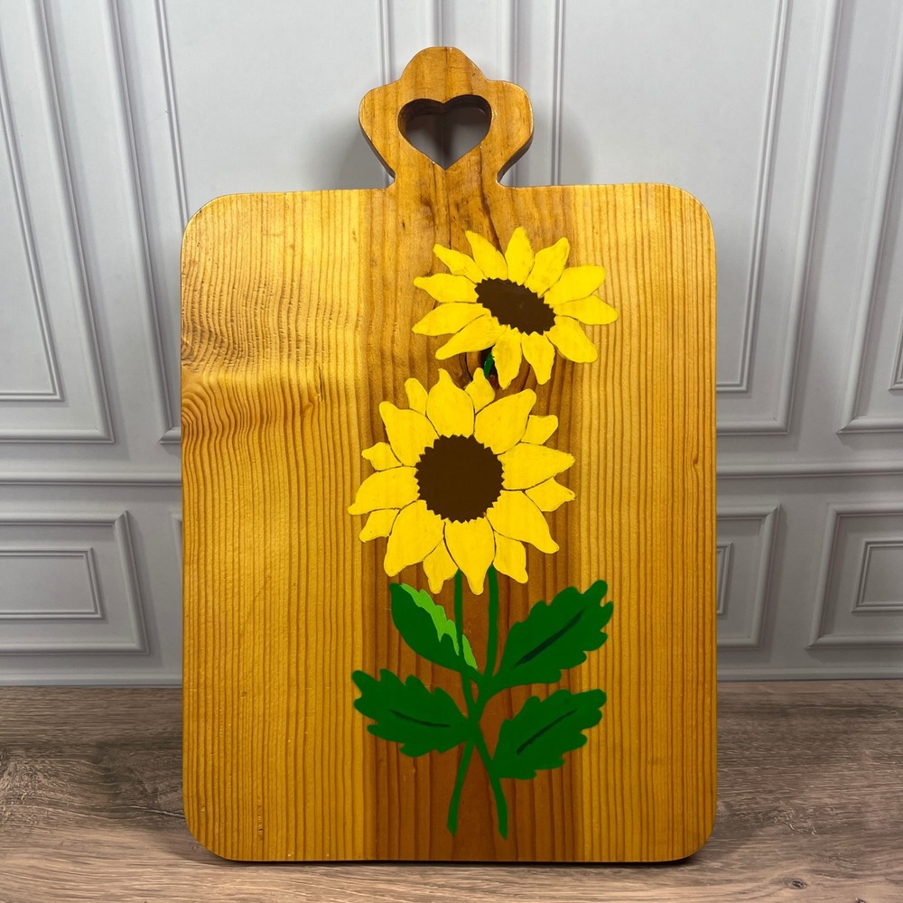 Vintage Wooden Cutting Board Hand Painted Sunflower Heart Handle Cottagecore